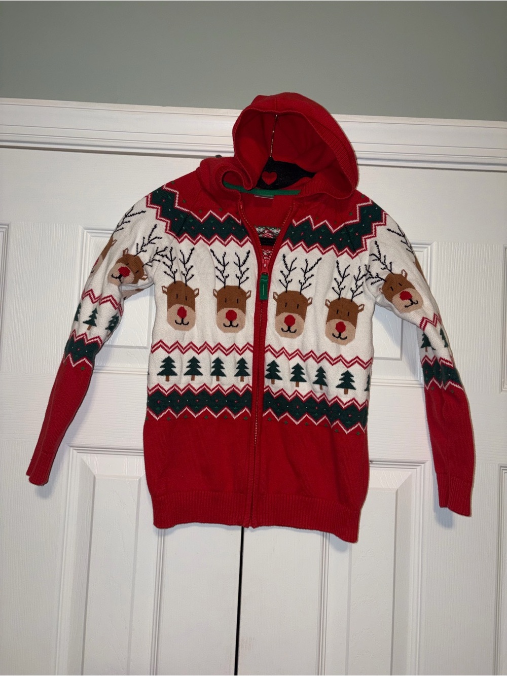 Gymboree Size 7 Cotton Knit Sweater Full Zip Hooded Fair Isle Reindeer Red
